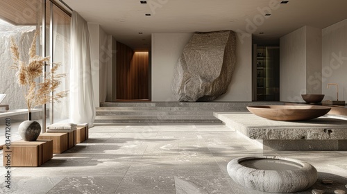 Luxurious stone pedestal in contemporary apartment  highlighting natural materials and light