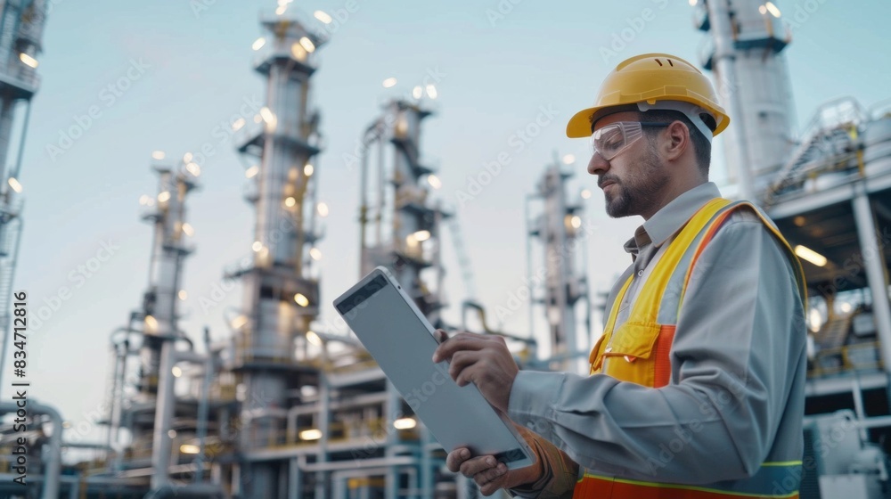 A man in a yellow vest is looking at a tablet while standing in front of a large A man in a yellow vest is looking at a tablet while standing in front of a large