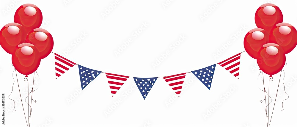 Fototapeta premium Festive Fourth of July celebration with red balloons and American flag bunting on a white background for patriotic party decor.