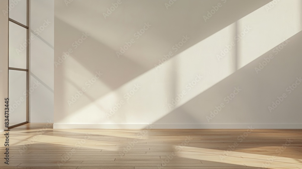 Fototapeta premium minimalistic beige room wood floor background ,light and intricate shadow from the window.