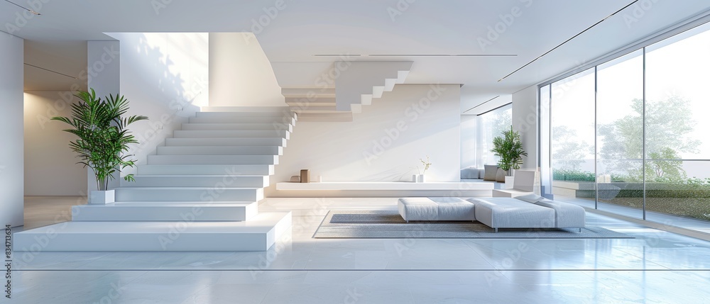 Fototapeta premium Sleek white podium in contemporary apartment, highlighting architectural details and natural light