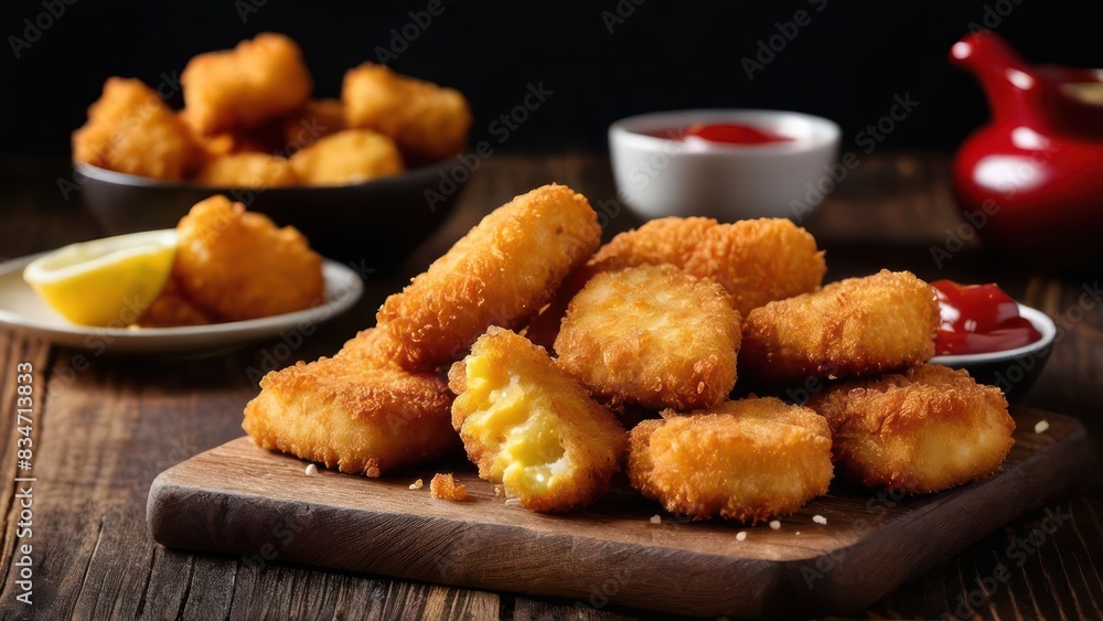 Naklejka premium Golden Sweet Potato Fries, A Unique Flavor and Texture Delight with Classic Condiment Pairing