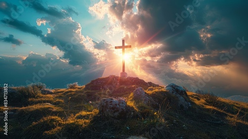 Spiritual Easter card, cross on Golgotha, light through clouds, serene landscape, divine, religious inspiration photo