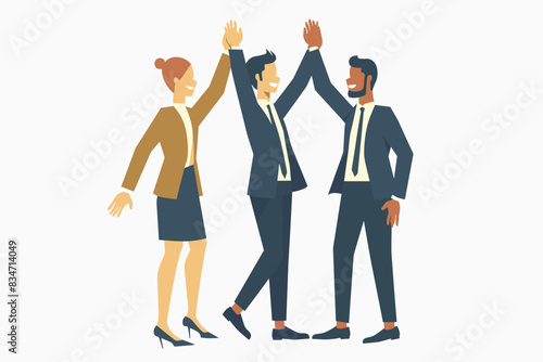 Team of business people celebrate success in work collaboration together, giving high five with joy. Unity and support between colleagues concept. Flat vector illustration isolated on white background