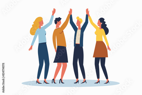 Team of business people celebrate success in work collaboration together, giving high five with joy. Unity and support between colleagues concept. Flat vector illustration isolated on white background