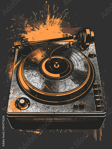 Vintage vinyl record player on grunge background. Vector illustration.