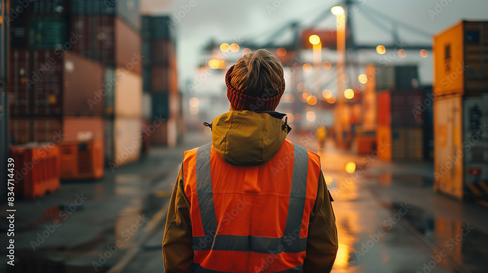 A worker clad in a reflective safety vest stands on the dock A worker clad in a reflective safety vest stands on the dock