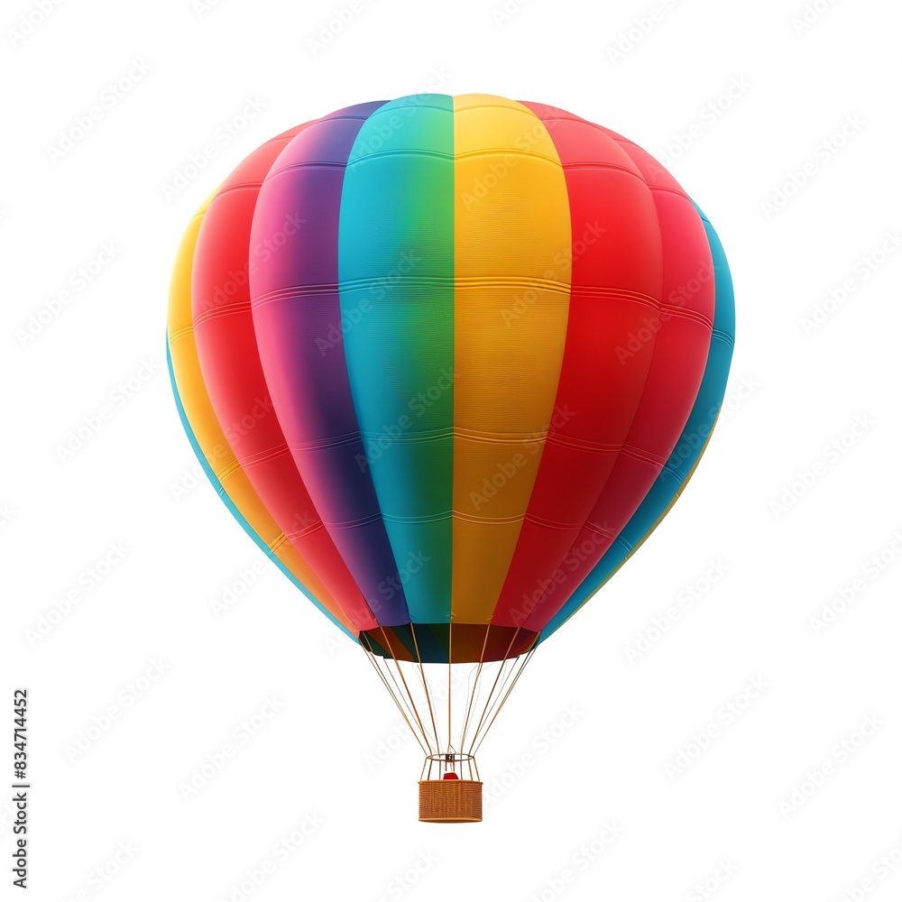 Fototapeta premium A colorful hot air balloon isolated on a white background. The balloon is red, yellow, green, blue, and purple.