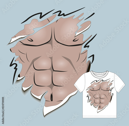 Torn hole with man's body inside. Print for t shirt. Vector illustration.