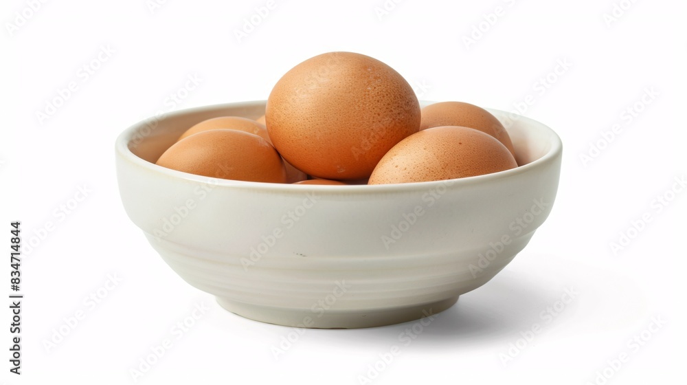 White bowl with isolated chicken eggs. White bowl with isolated chicken eggs.