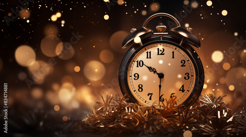 Retro Clock Counting Down to Midnight with Bokeh Lights in Festive Celebration