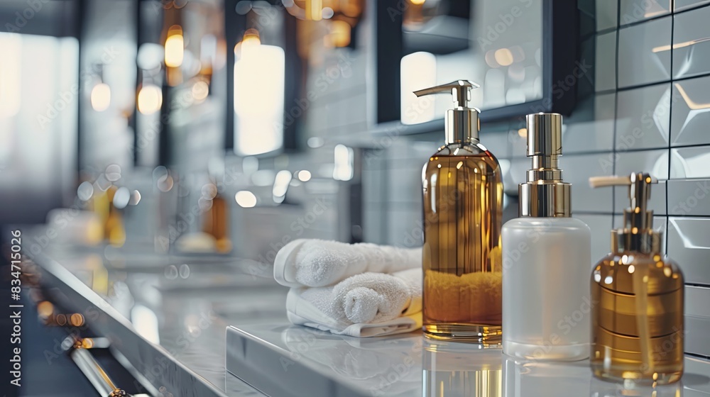 Close-up of luxurious shampoo and conditioner bottles on a modern bathroom countertop. Generative AI Close-up of luxurious shampoo and conditioner bottles on a modern bathroom countertop. Generative AI