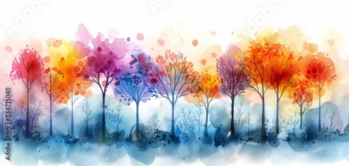Watercolor spring bloom background, abstract tree silhouettes, vibrant colors, artistic expression, stark contrast