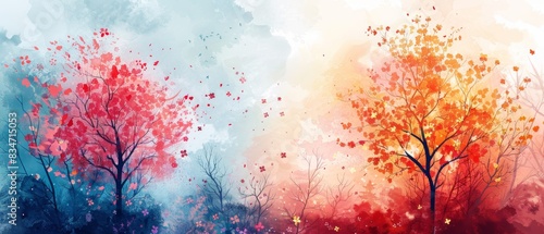 Watercolor spring bloom background, abstract tree silhouettes, vibrant colors, artistic expression, stark contrast