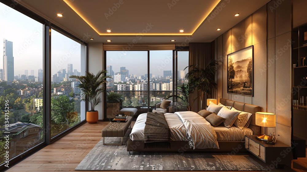 3D rendering of a chic studio apartment bedroom with a view, featuring a bed, nightstand, and hardwood flooring. 3D rendering of a chic studio apartment bedroom with a view, featuring a bed, nightstand, and hardwood flooring.
