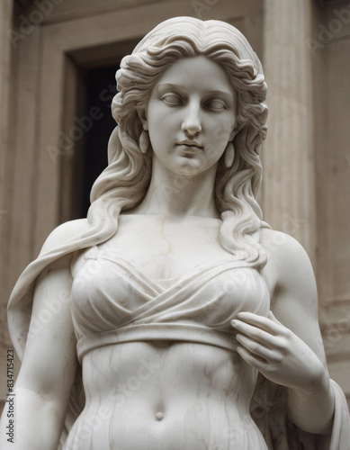 Una figura femminile romana scolpita in gesso, con capelli intrecciati e un vestito lungo. 