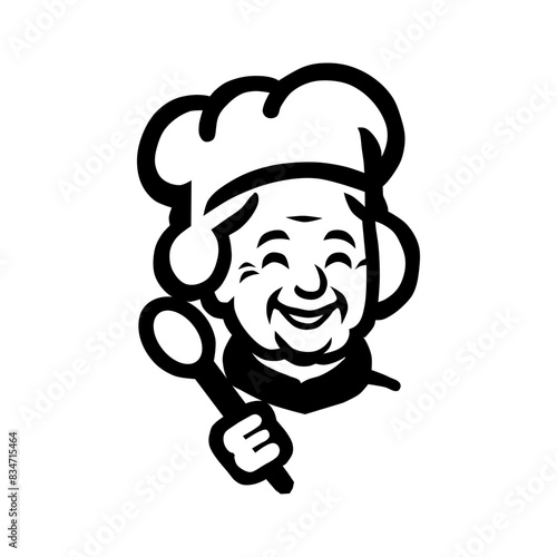 vector illustration of grandmother wearing a chef's hat and carrying a spoon in a flat, minimalist style isolated on a white background