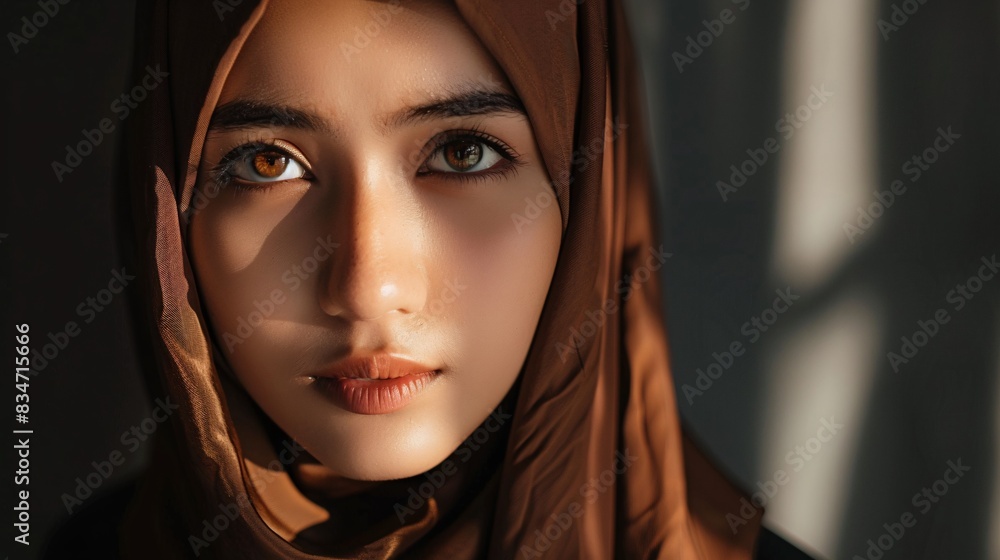 An Oriental Indonesian lady adorned in a chestnut headscarf and dark attire. An Oriental Indonesian lady adorned in a chestnut headscarf and dark attire.