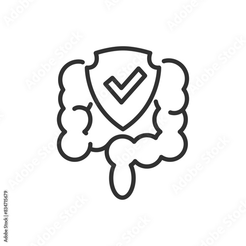 Gut protection, safety and normalization of digestion, linear icon. The intestine and the checkered shield. Line with editable stroke