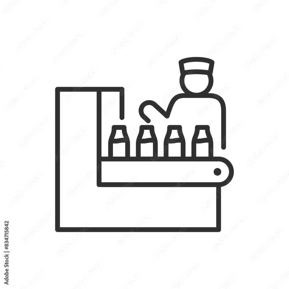 A worker on the production, linear icon. Conveyor line with bottles. Line with editable stroke A worker on the production, linear icon. Conveyor line with bottles. Line with editable stroke
