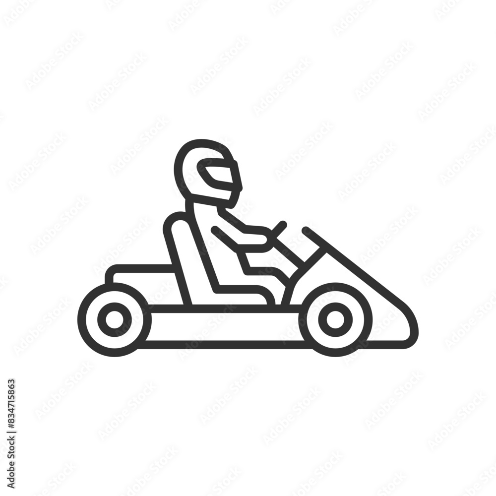 Karting, linear icon. Person on go-kart wearing riding equipment. Line with editable stroke Karting, linear icon. Person on go-kart wearing riding equipment. Line with editable stroke