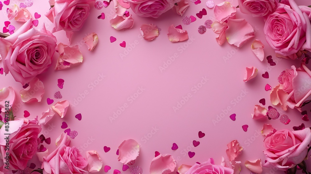 Rose petal frame with confetti on a blush backdrop, perfect for Valentine's Day. Rose petal frame with confetti on a blush backdrop, perfect for Valentine's Day.