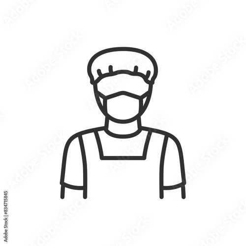 Safety and hygiene measures in the workplace, linear icon. Worker wearing a cap and mask. Protective suit. Line with editable stroke