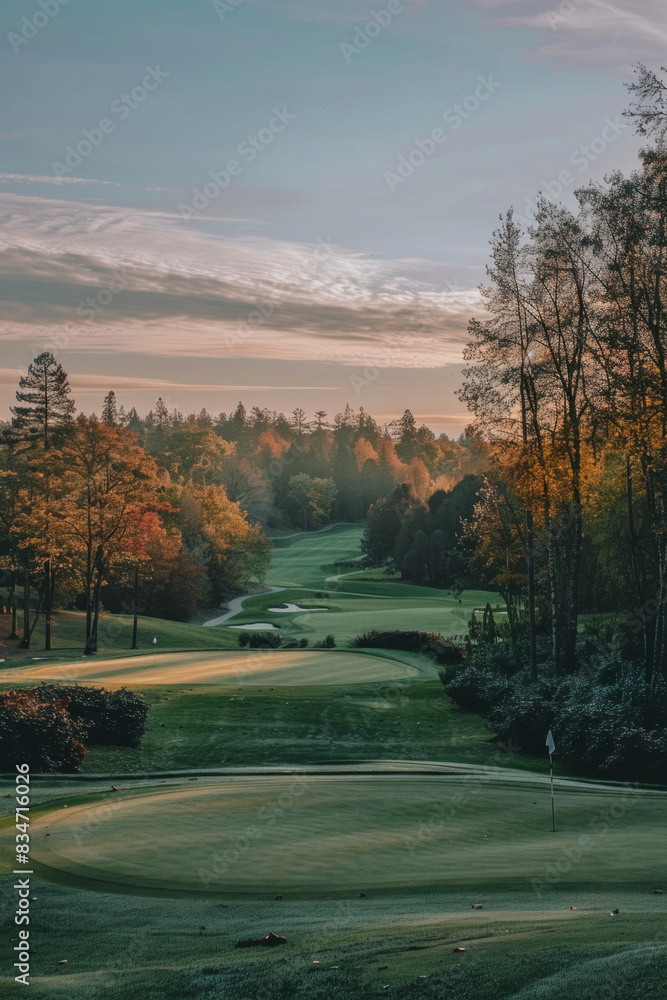 Wide angle view of a golf course with trees in the background Wide angle view of a golf course with trees in the background
