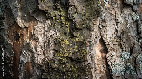 The bark of a tree is covered in moss and has a rough texture. The bark is brown and has a few white spots photo