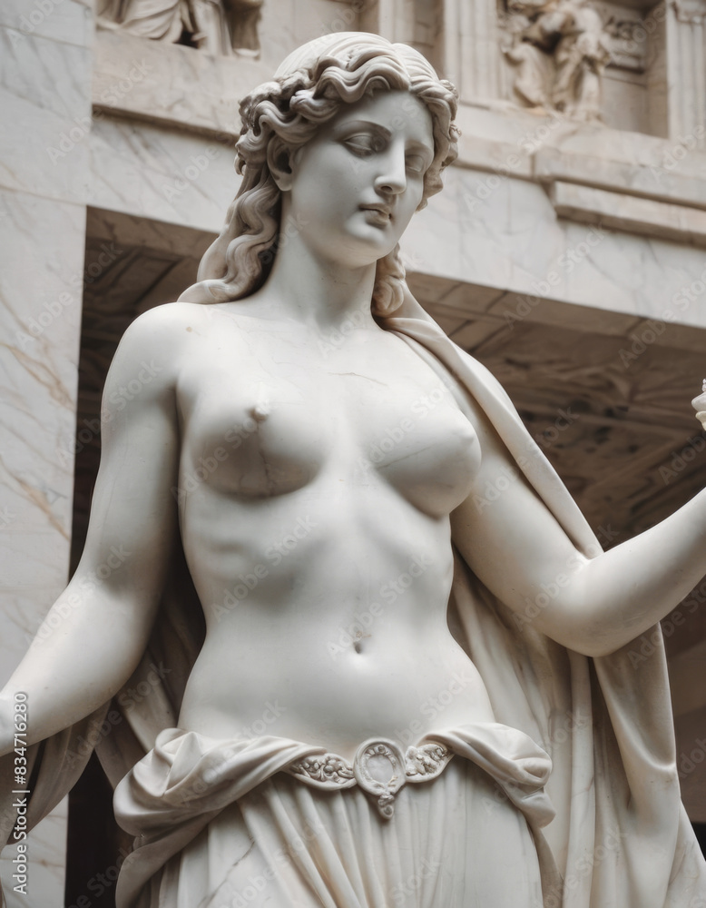 Naklejka premium Una statua di una donna romana in gesso bianco, con una mano sollevata come in un gesto di benedizione. 