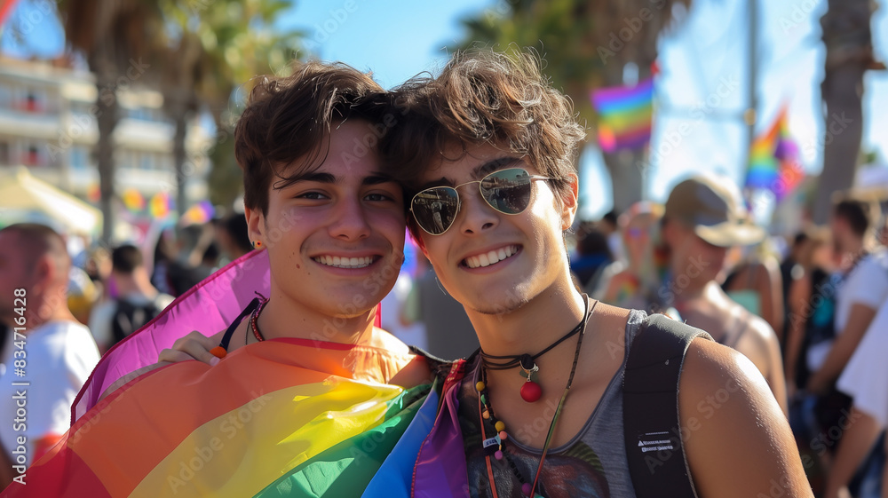 Two young man with LGBT flags at the Gay Pride parade Two young man with LGBT flags at the Gay Pride parade