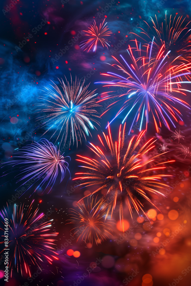 Fototapeta premium Vibrant holiday fireworks in white, red, and blue colors. Suitable for any occasion.