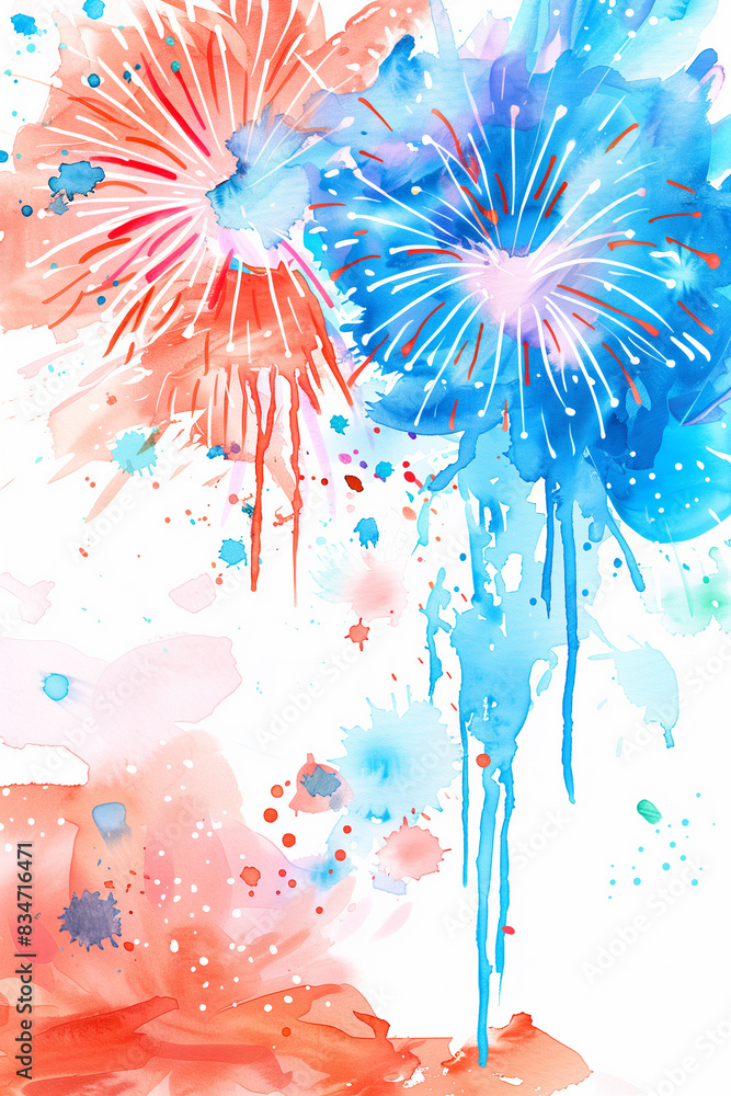 Obraz premium Watercolor-painted fireworks in colors resembling the USA flag, creating a festive and fun Independence Day concept on a white background.