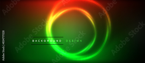 Neon glowing circle rays, light round lines in the dark, planet style neon wave lines. Energetic electric concept design for wallpaper, banner, background