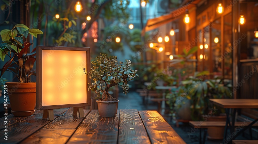 A mock table tent card template featuring a menu frame on a table, with 3D renderings and illustrations. A mock table tent card template featuring a menu frame on a table, with 3D renderings and illustrations.