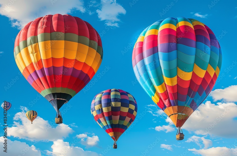 Obraz premium Hot Air Balloon Ride in blue sky white clouds background for wide banner of travel agency or adventure tour,Aerostat flying above clouds,International Balloon Fiesta.