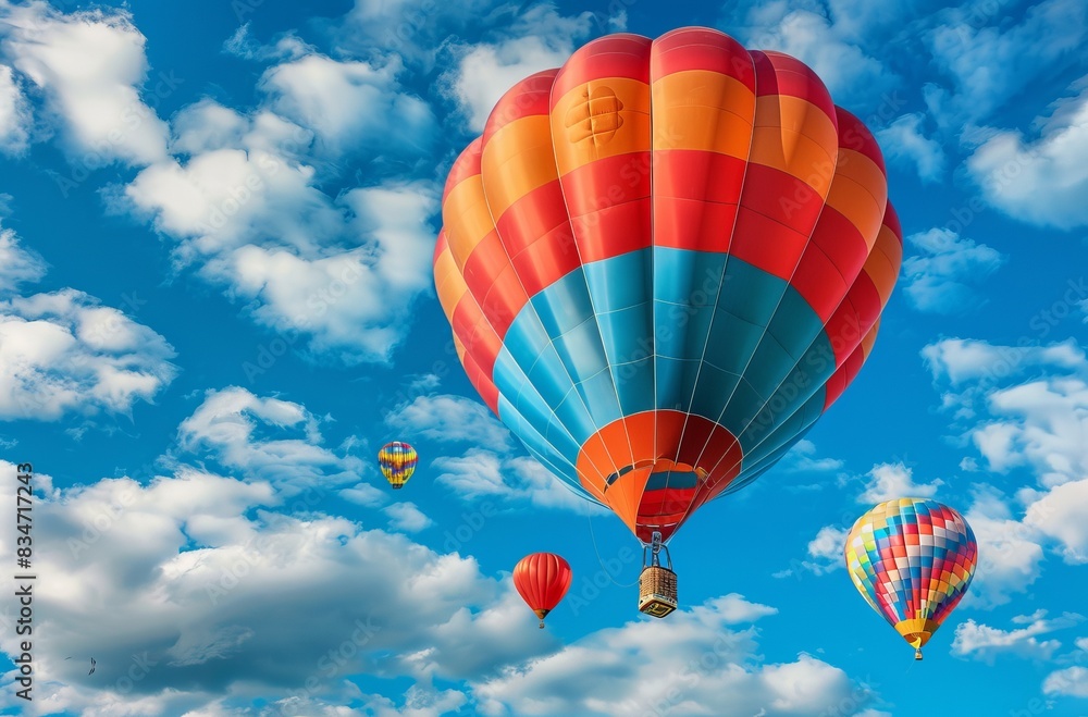Hot Air Balloon Ride in blue sky white clouds background for wide banner of travel agency or adventure tour,Aerostat flying above clouds,International Balloon Fiesta. Hot Air Balloon Ride in blue sky white clouds background for wide banner of travel agency or adventure tour,Aerostat flying above clouds,International Balloon Fiesta.