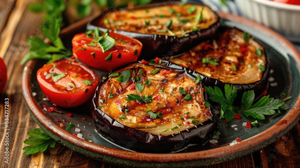 A tasty meal consisting of eggplant and tomatoes served on a plate A tasty meal consisting of eggplant and tomatoes served on a plate