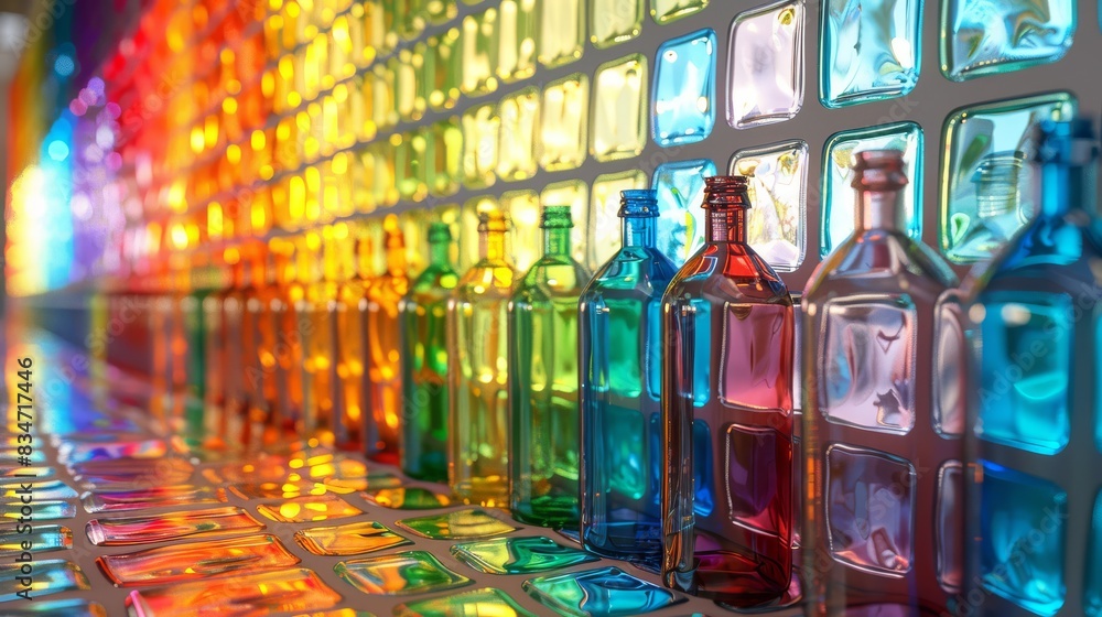 Array of glass bottles in various colors set against a vivid mosaic backdrop Array of glass bottles in various colors set against a vivid mosaic backdrop