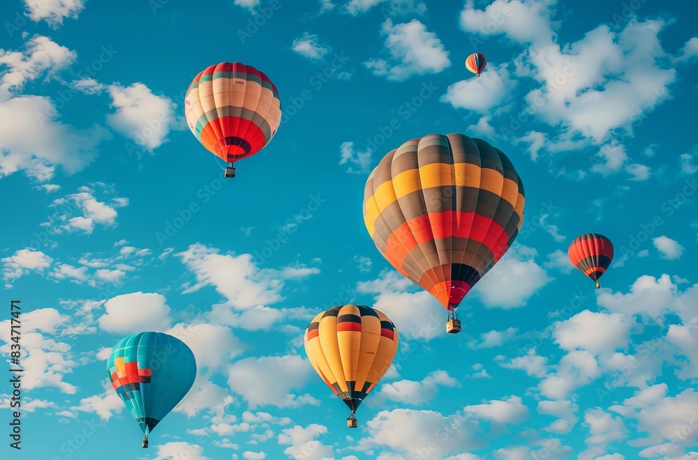 Naklejka premium Hot Air Balloon Ride in blue sky white clouds background for wide banner of travel agency or adventure tour,Aerostat flying above clouds,International Balloon Fiesta.