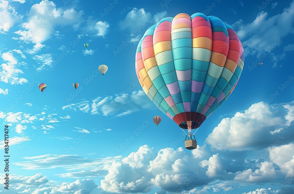 Fototapeta premium Hot Air Balloon Ride in blue sky white clouds background for wide banner of travel agency or adventure tour,Aerostat flying above clouds,International Balloon Fiesta.