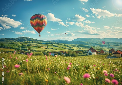 Hot Air Balloon Ride in blue sky white clouds background for wide banner of travel agency or adventure tour Aerostat flying above clouds International Balloon Fiesta.