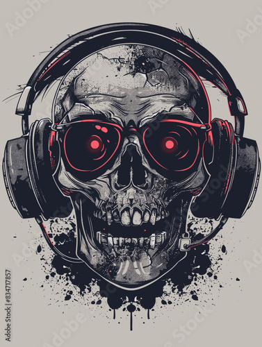 Skull with headphones. Grunge style. Vector illustration.