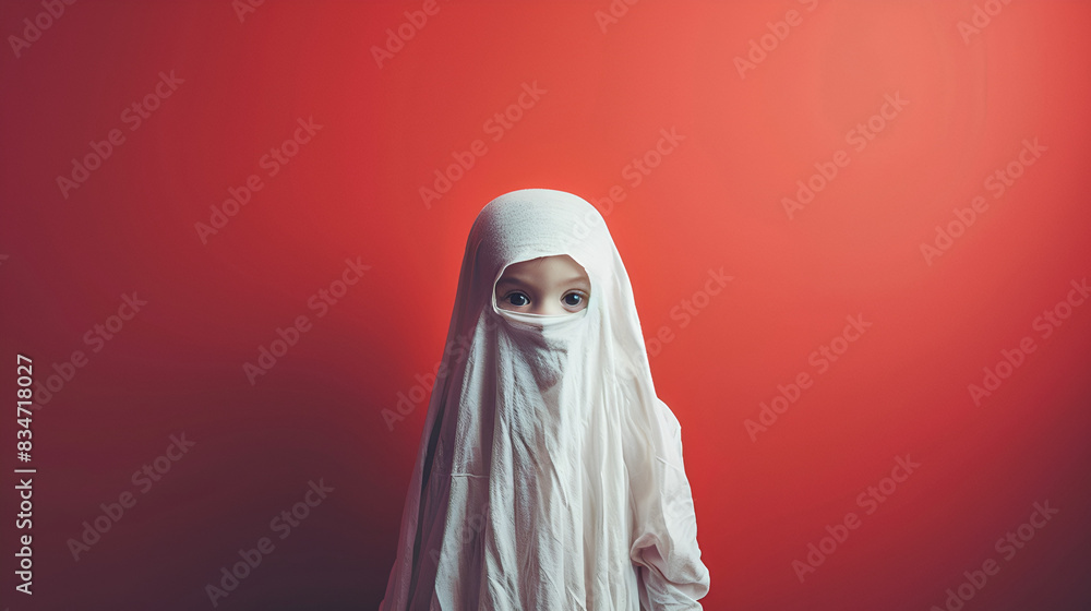 cute toddler dressed asa funny ghost on halloween, red background with copy space cute toddler dressed asa funny ghost on halloween, red background with copy space