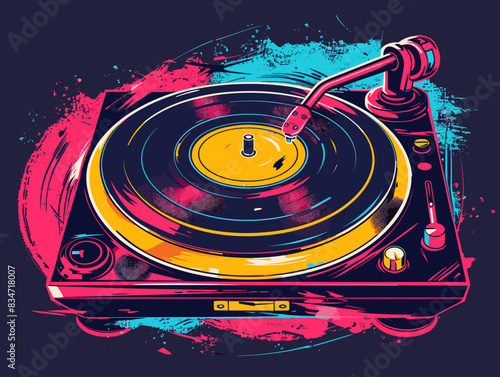Vintage turntable vinyl record player on grunge background vector illustration