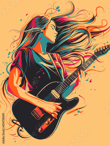 Vector illustration of a girl playing the electric guitar on an abstract background
