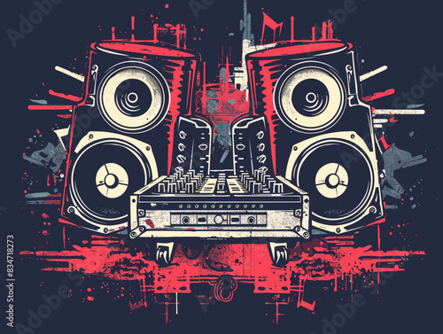 vector illustration of a dj set on grunge background with place for your text
