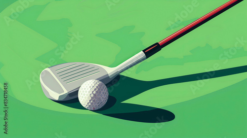 Artistic illustration of a golf club and ball positioned on green turf, showcasing shadows and a clean design