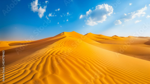 Wide shot of golden desert dunes under a bright blue sky with scattered white clouds  highlighting the texture and vastness of the sand landscape