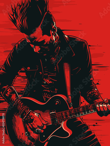 Guitar player on red grunge background. Vector illustration.